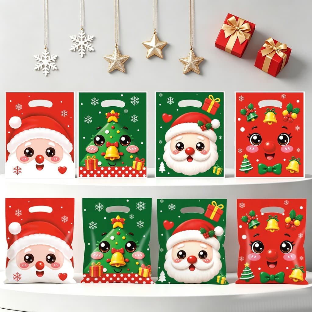20 Sacolas de Compras com Estampa de Papai Noel e Árvore de Natal em Estilo Cartoon