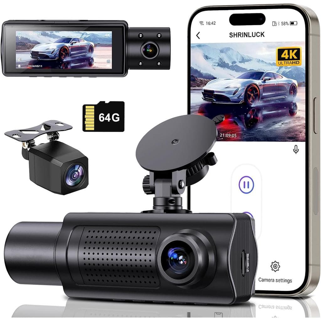 Câmera Veicular 4K+1080P+1080P 5.8GHz WiFi Frontal e Traseira, Cartão SD de 64GB Grátis, Câmera Veicular 4K UHD de 3 Can