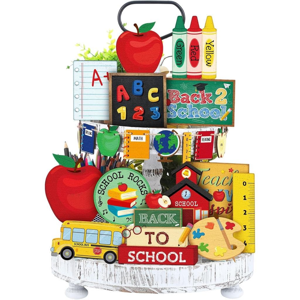 19 Peças de Decorações para Volta às Aulas, Decoração para Bandeja em Níveis, Placas de Madeira Decorativas para Agradec