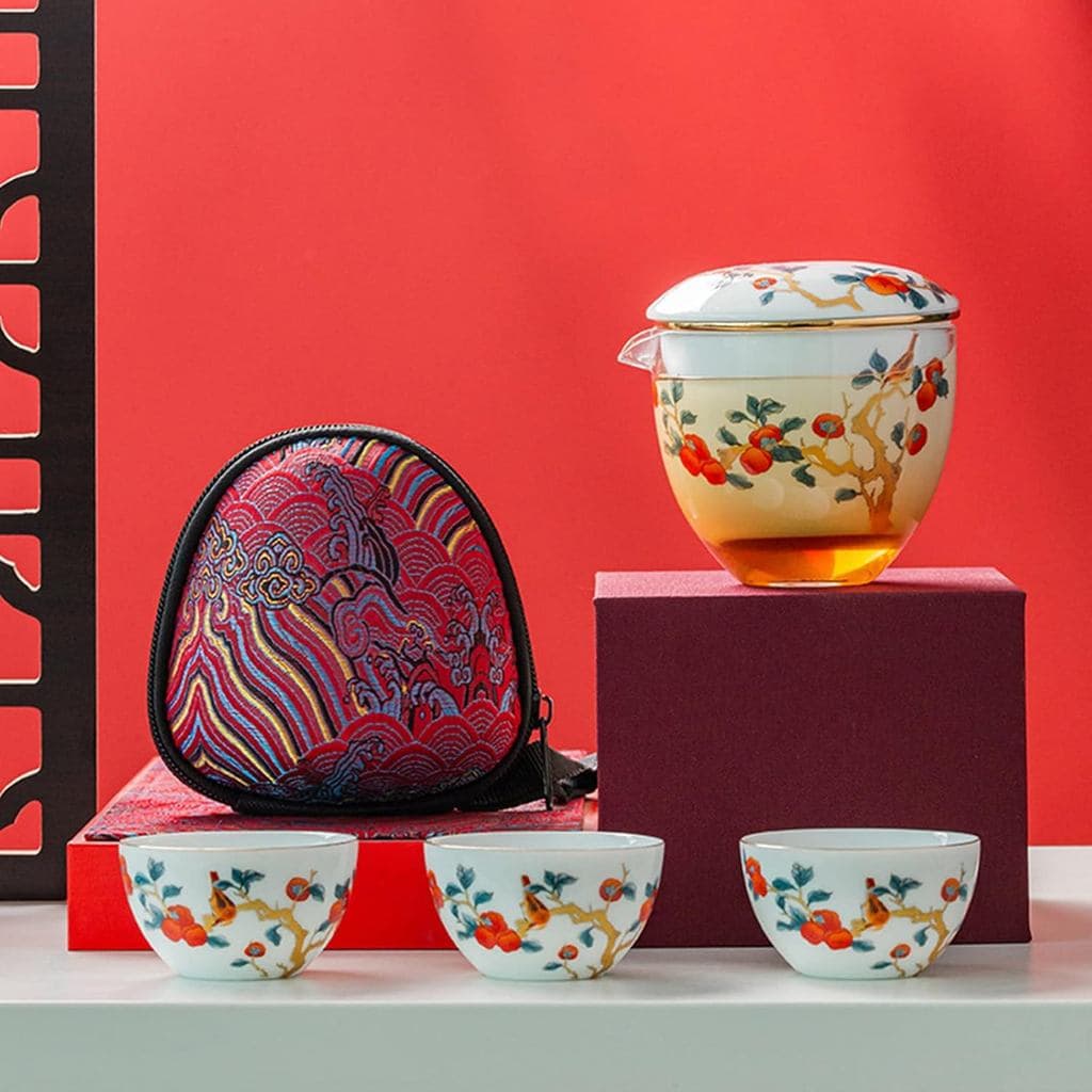 Conjunto de Chá Portátil de Cerâmica, Conjunto de Bule de Porcelana Kungfu Chinês, Bule Tudo-em-Um, Filtro de Chá - 3 Xí