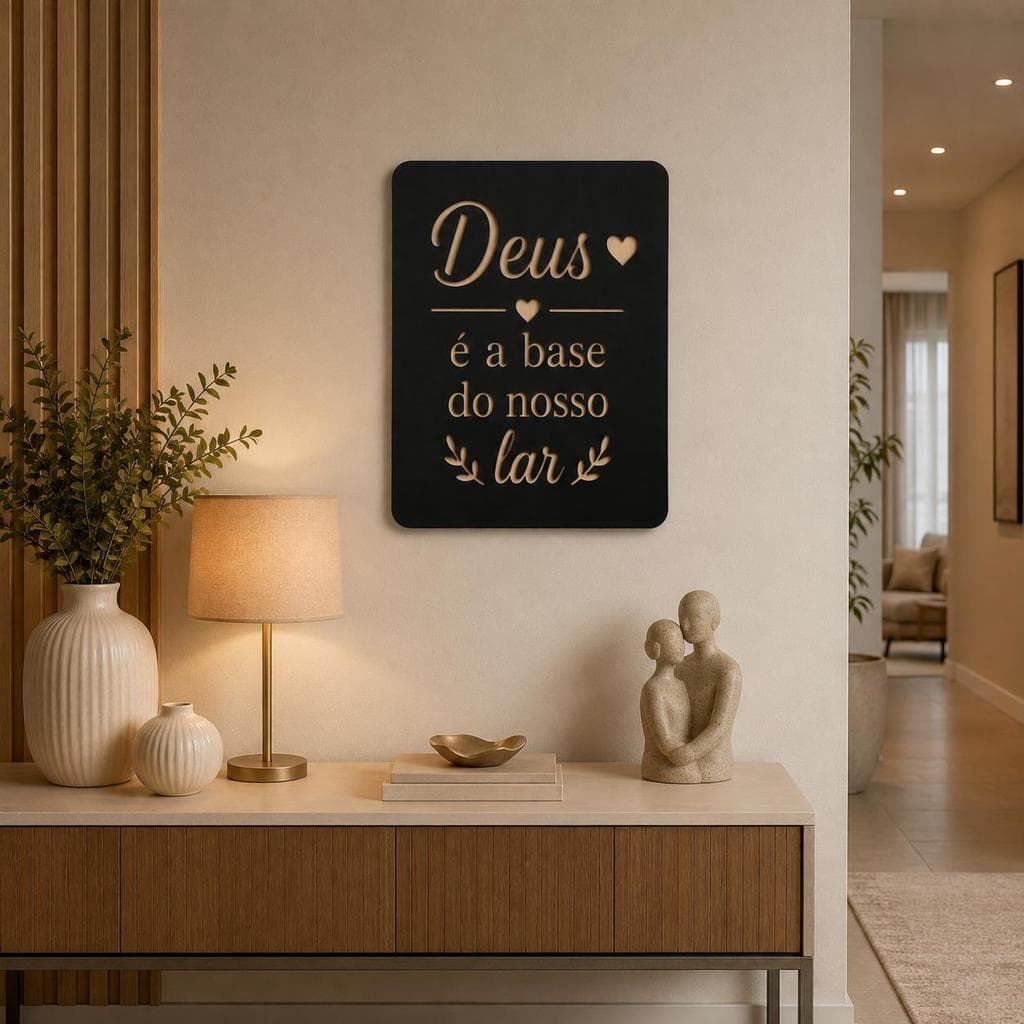 Placa Decorativa de Parede Deus É a Base do Nosso Lar MDF 2,5mm Presente Cristão