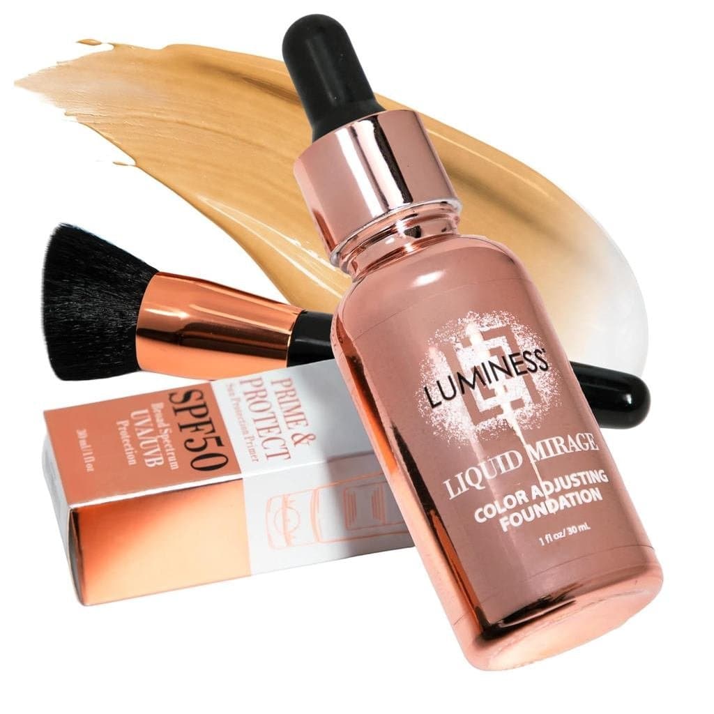 LINESSLiquidMiragew/Kit de Base Ajustável de Cor com FPS50, Base que Muda de Cor, Primer com FPS50 e Pincel de Maquiagem