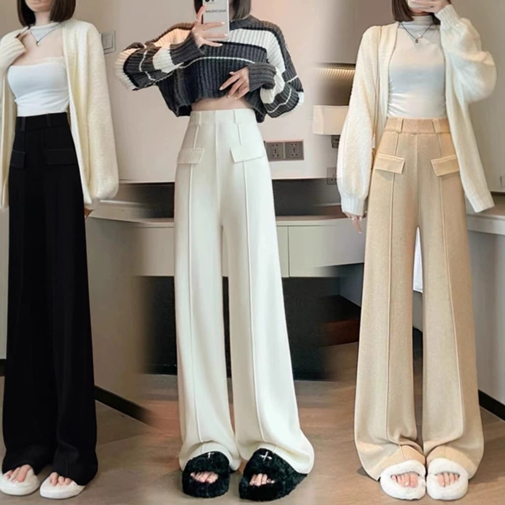 Calças Femininas de Tricô de Perna Larga, Novo Estilo Outono/Inverno, Cintura Alta, Efeito Emagrecedor, Comprimento Tota