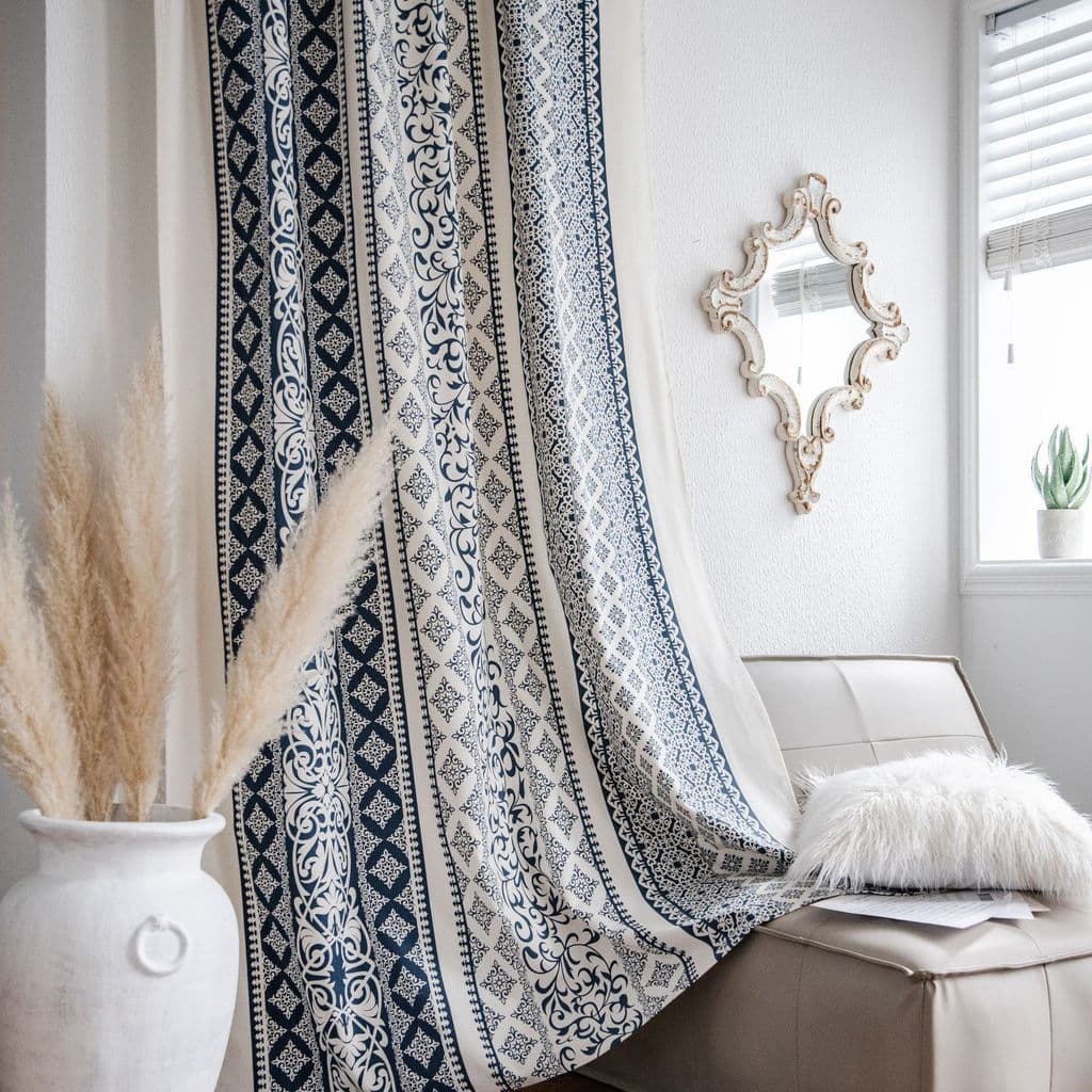 Qiyun cortinas acabadas de algodão linho impresso azul branco porcelana b & b cortinas Semi-Blackout cozinha Bay janela