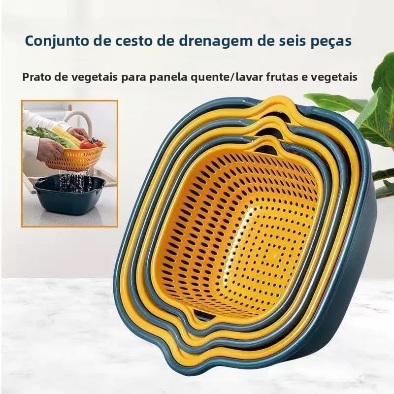 Cesto escorredor de dupla camada, bacia para lavar vegetais, conjunto de três peças, cesto de seis peças, cesto para lav