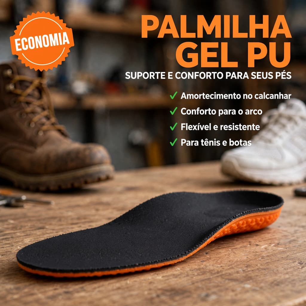 Palmilha Gel PU Ortopédica Macia Confortável Amortecimento Calcanhar para Tênis Bota Trabalho Caminhada Uso Diário
