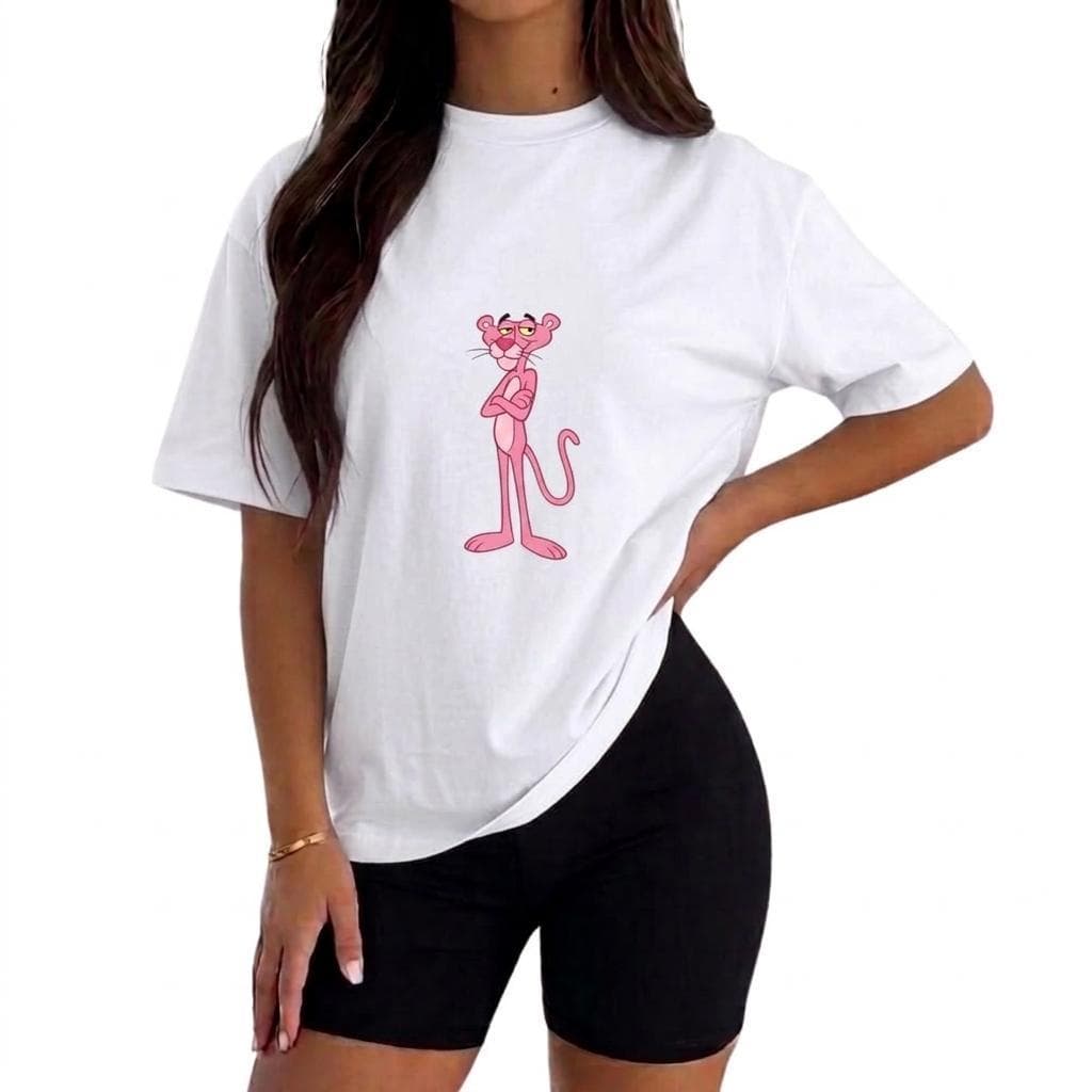 Conjunto Confortável Feminino Treino Academia Fiteness,Short  Suplex Camiseta 100% Algodão Casual Pantera Cor De Rosa