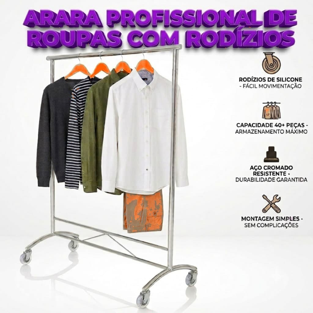 Arara de Roupas 1,50m Reforçada com Rodízios de Silicone Cabideiro Expositora de Loja