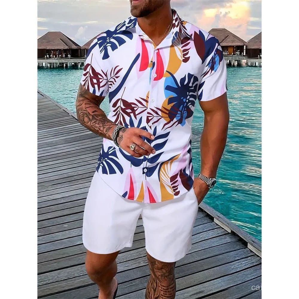 Conjunto de Camisa de Manga Curta e Calções Masculinos 2024, Elegante, Estampado, com Lapela, para Verão, Praia, Rua e F