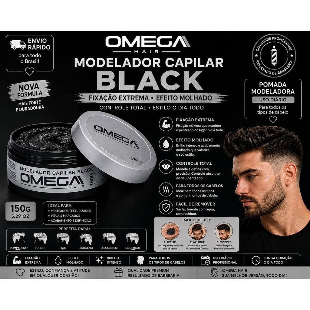 Modelador Capilar Black Omega Hair 150g Pomada Modeladora, Controle e Definição, Aplicação Fácil