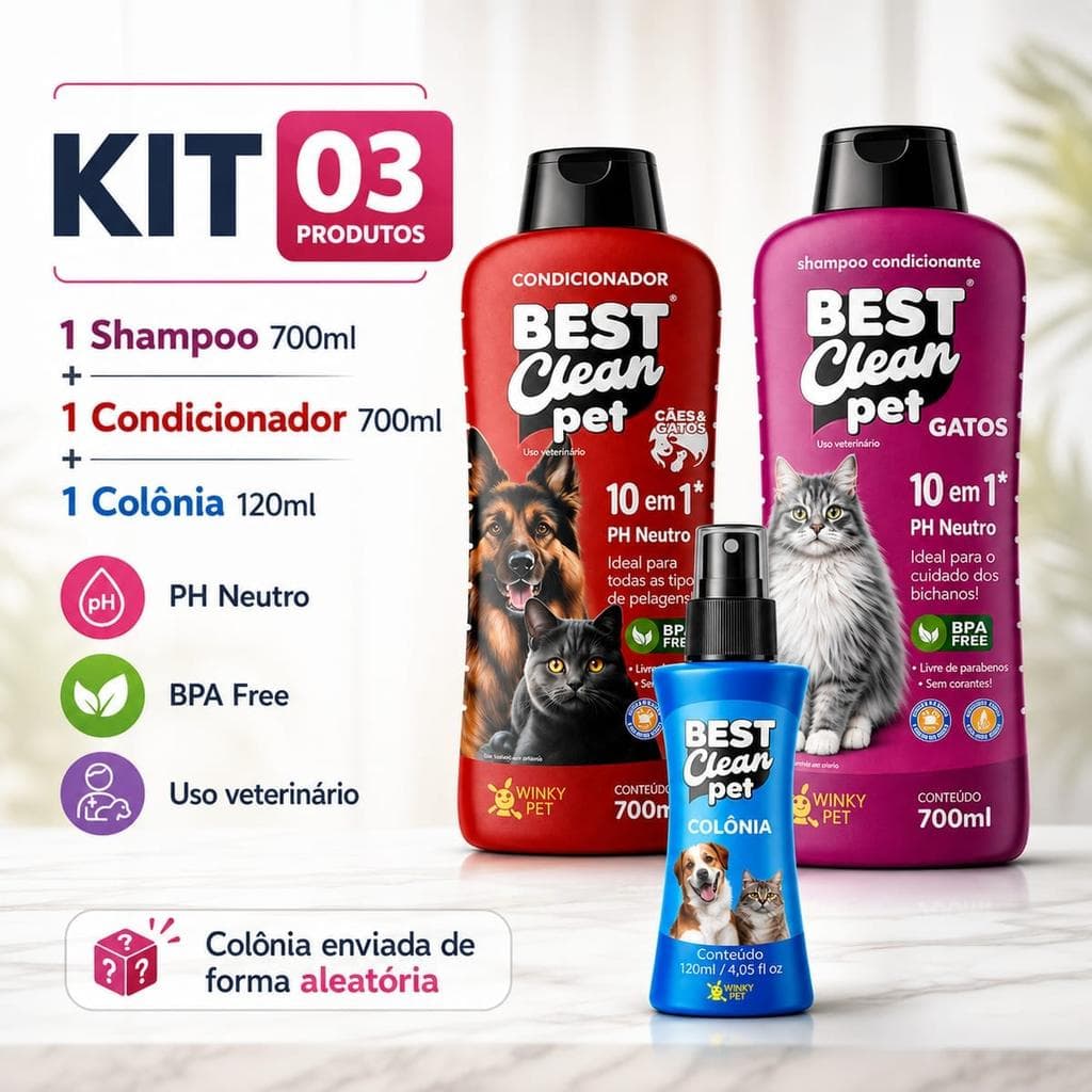 Kit Shampoo para Gatos 10 em 1 com Condicionador 700ml + Colônia 120ml - pH Neutro, Sem Parabenos e Sem Corantes