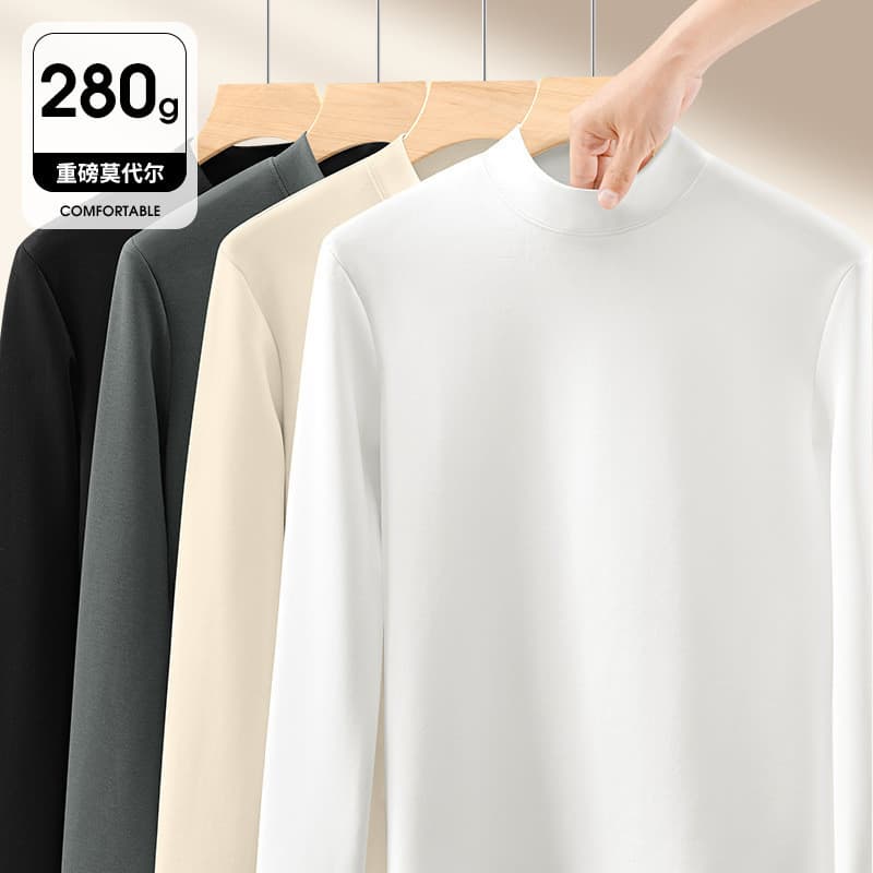 Camisa de fundo Modal pesado meia gola alta jovens primavera outono simples All-Match gola média manga comprida
