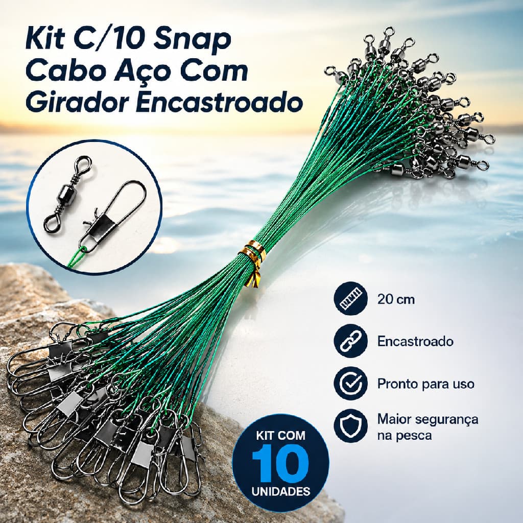 KIT 20 LINHAS PESCA AÇO ENCASTROADO COM SNAP GIRATORIO 20CM