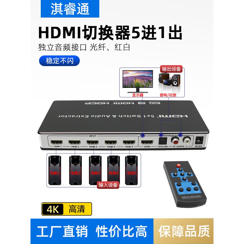 Switcher Hdmi 4k com separação de áudio 5 em 1 saída ps4 vídeo Split controle remoto 3.5 fone de ouvido fibra óptica 5.1