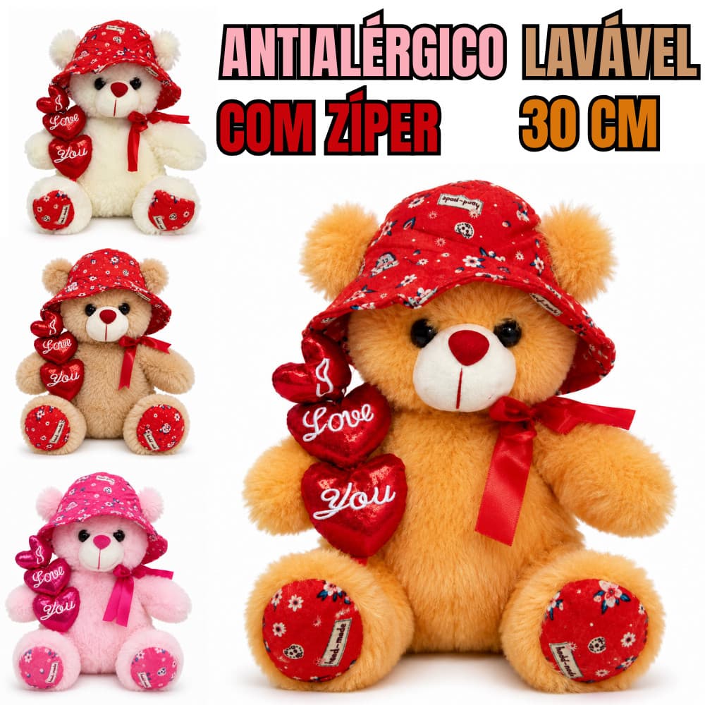 Ursinho Love 30cm com Chapéu e Corações