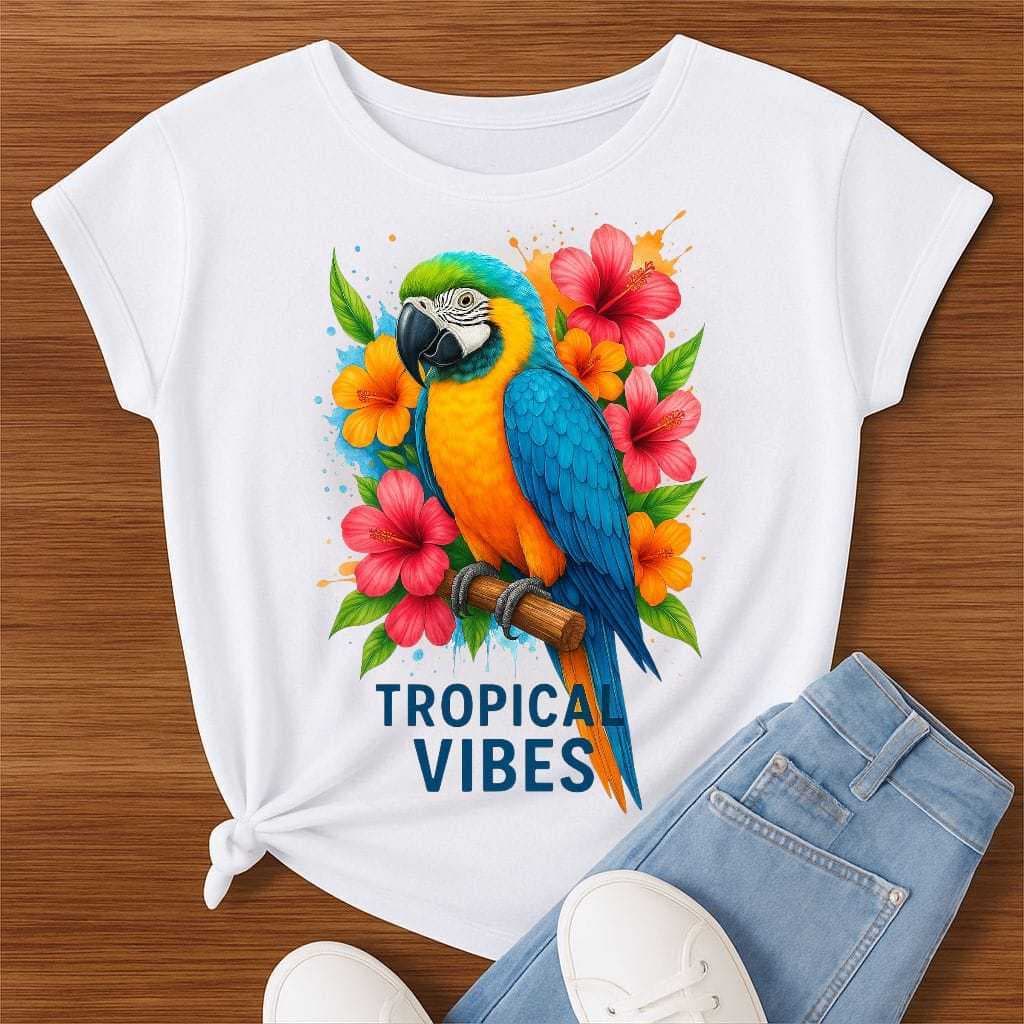 Camiseta Feminina Tropical Vibes Aves Estampa Colorida Verão Floral Estilosa