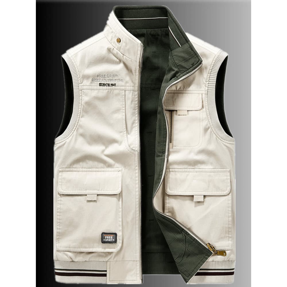 Primavera outono colete masculino puro algodão Multi-bolso solto gola alta dupla face colete masculino jaqueta Casual