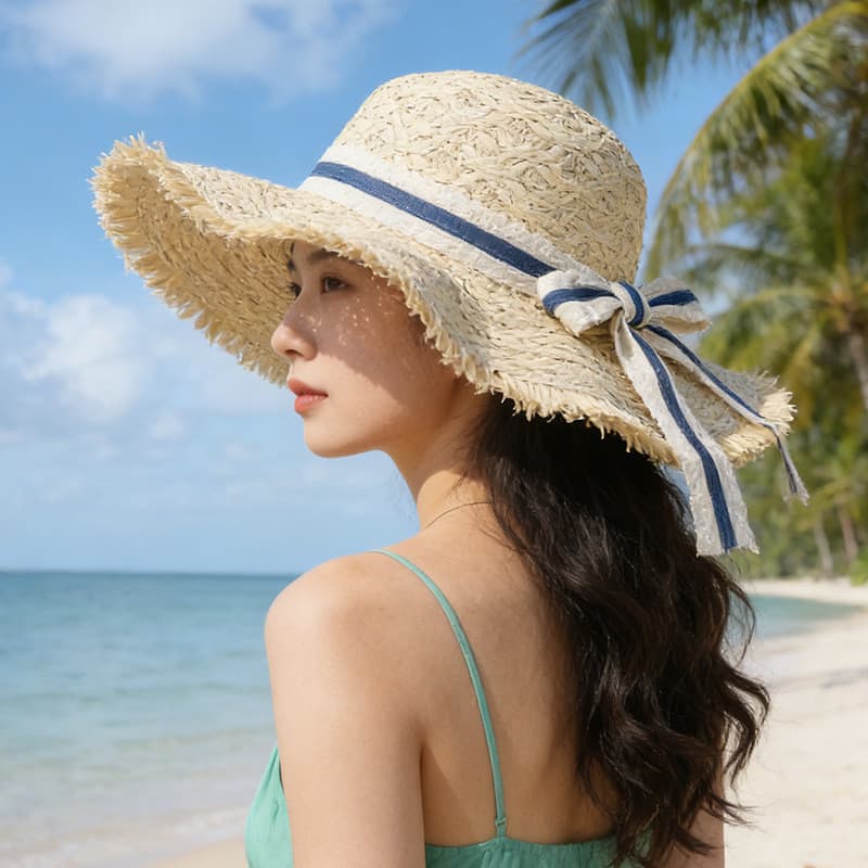 2026 primavera verão férias à beira-mar praia guarda-sol protetor solar chapéu francês aba grande borda crua onda renda