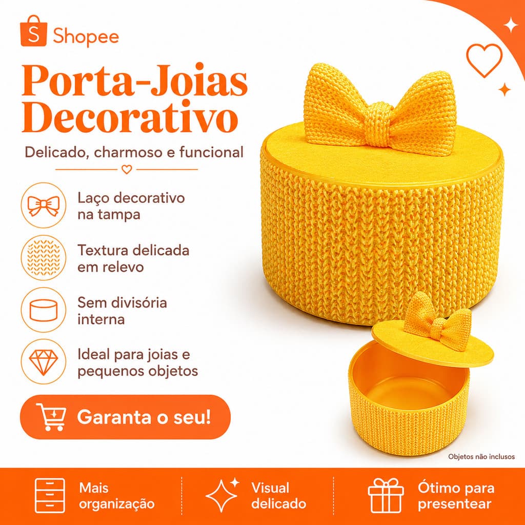 Porta-Joias Decorativo Efeito Crochê com Tampa e Laço em Relevo Organizador de Joias