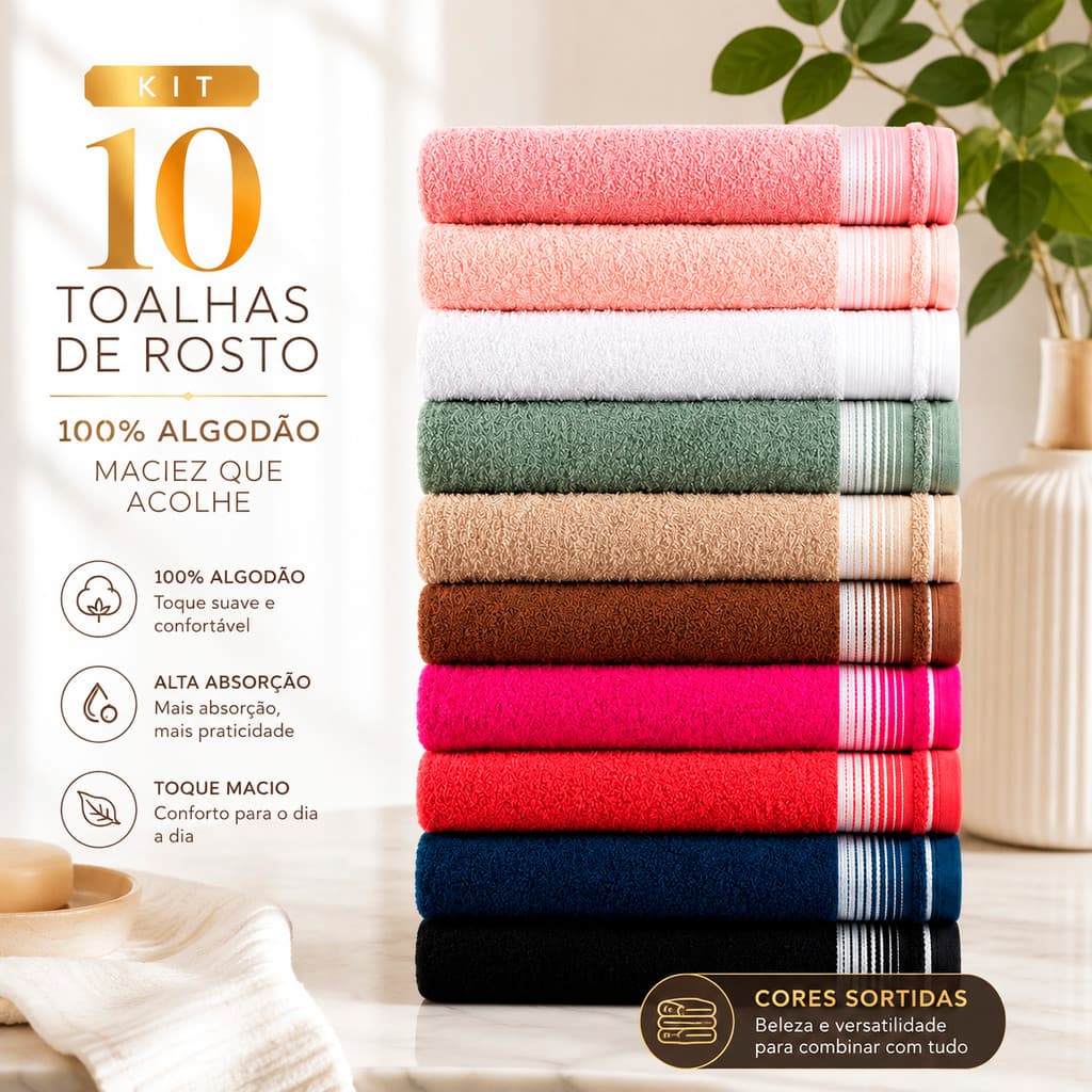 Kit 10pçs Toalha de Rosto Felpudas 45x80cm 100% Algodão Coleção Lara