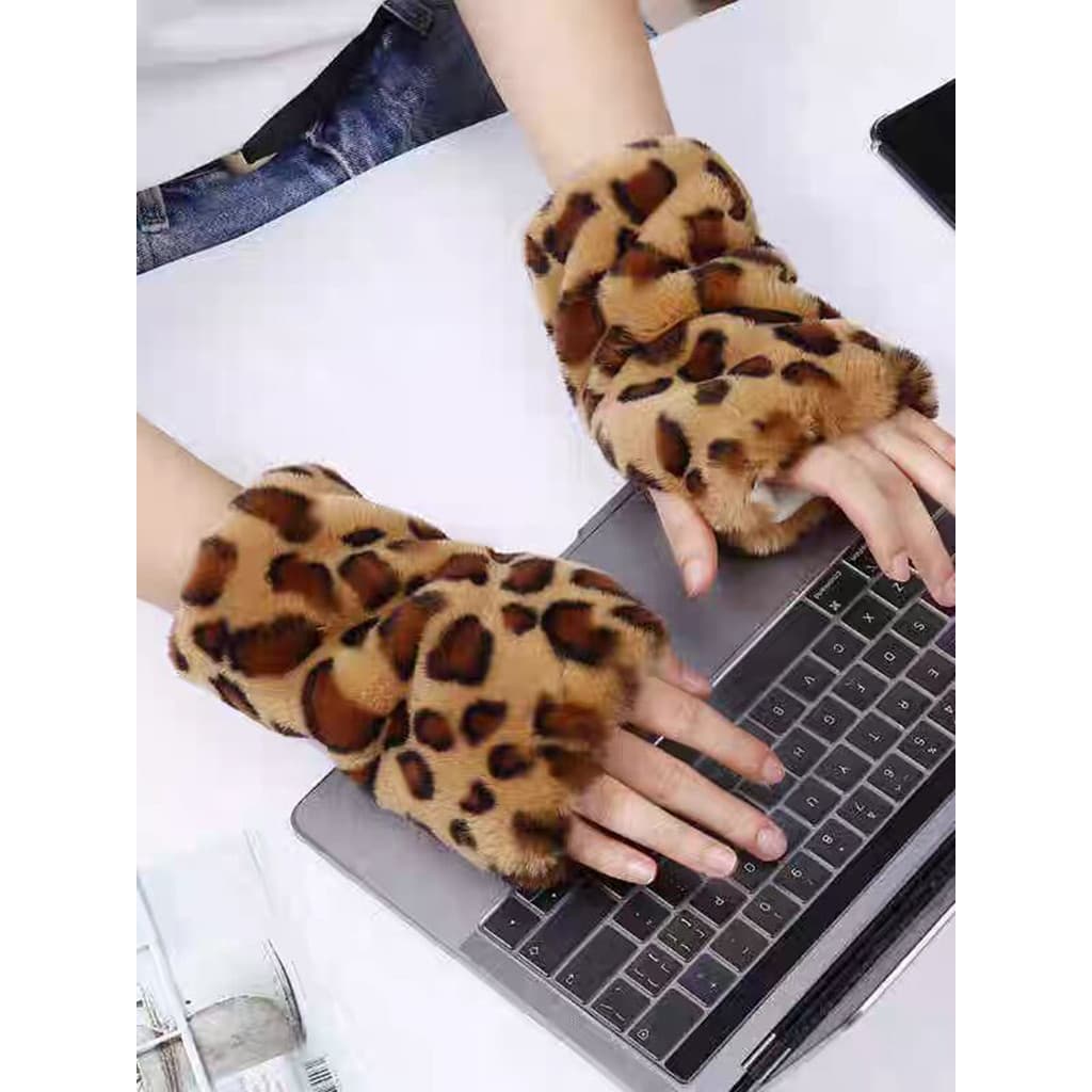 Outono inverno meninas meio dedo leopardo impressão luvas imitação de pele de coelho bonito de manga comprida escritório