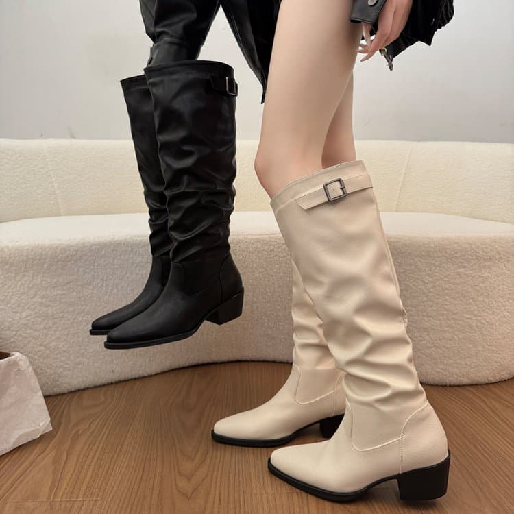 Botas de moda com bico fino, salto grosso, botas longas femininas de calçar, botas de montaria de salto médio.