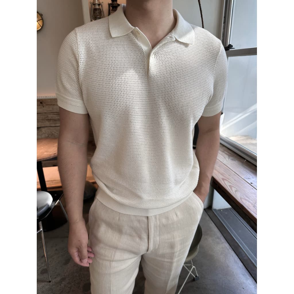 Bonito masculino verão algodão orgânico grande oco camisa polo textura de malha pesada camisa polo manga curta