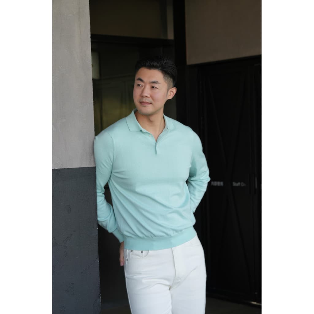 Luxuoso fino girando Cashmere algodão orgânico misturado camisa polo de manga comprida masculina primavera verão cor sól