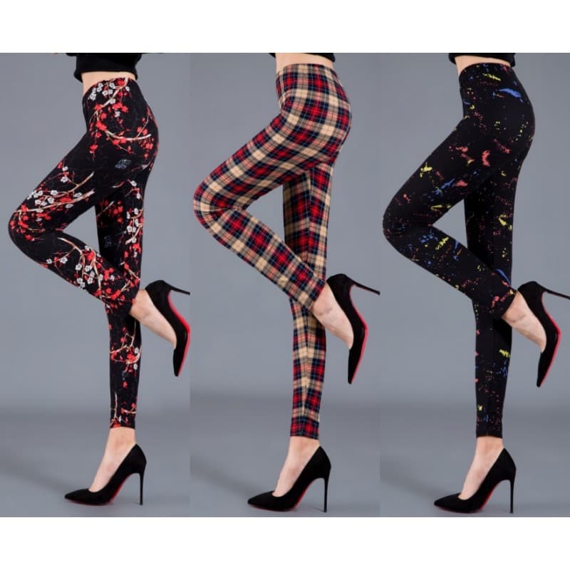 Primavera outono escovado leite seda colorido Graffiti impresso xadrez flor vermelha na moda exterior Wear Leggings gran