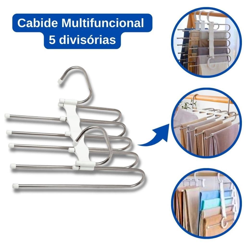 Ambito Dlux Cabides de Calças Inox Branco com 5 Divisórias Para Organização Multifuncional Dobrável