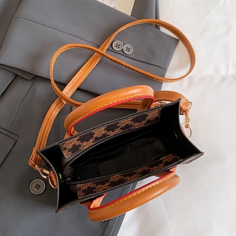 Bolsa retrô com estampa completa, portátil, pequena, quadrada, bolsa de ombro, alça de ombro removível, moda feminina, C