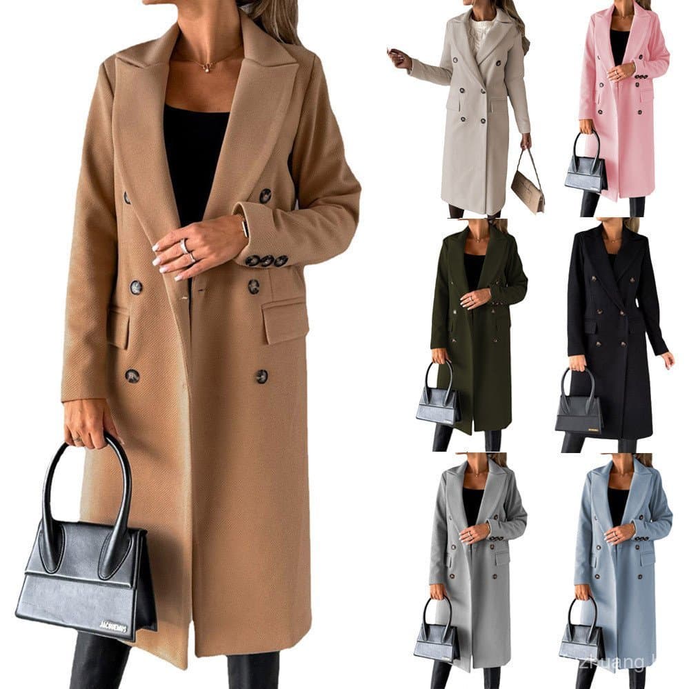 Europeu americano outono inverno novo estilo comércio exterior feminino lapela de manga comprida cor sólida duplo Breast