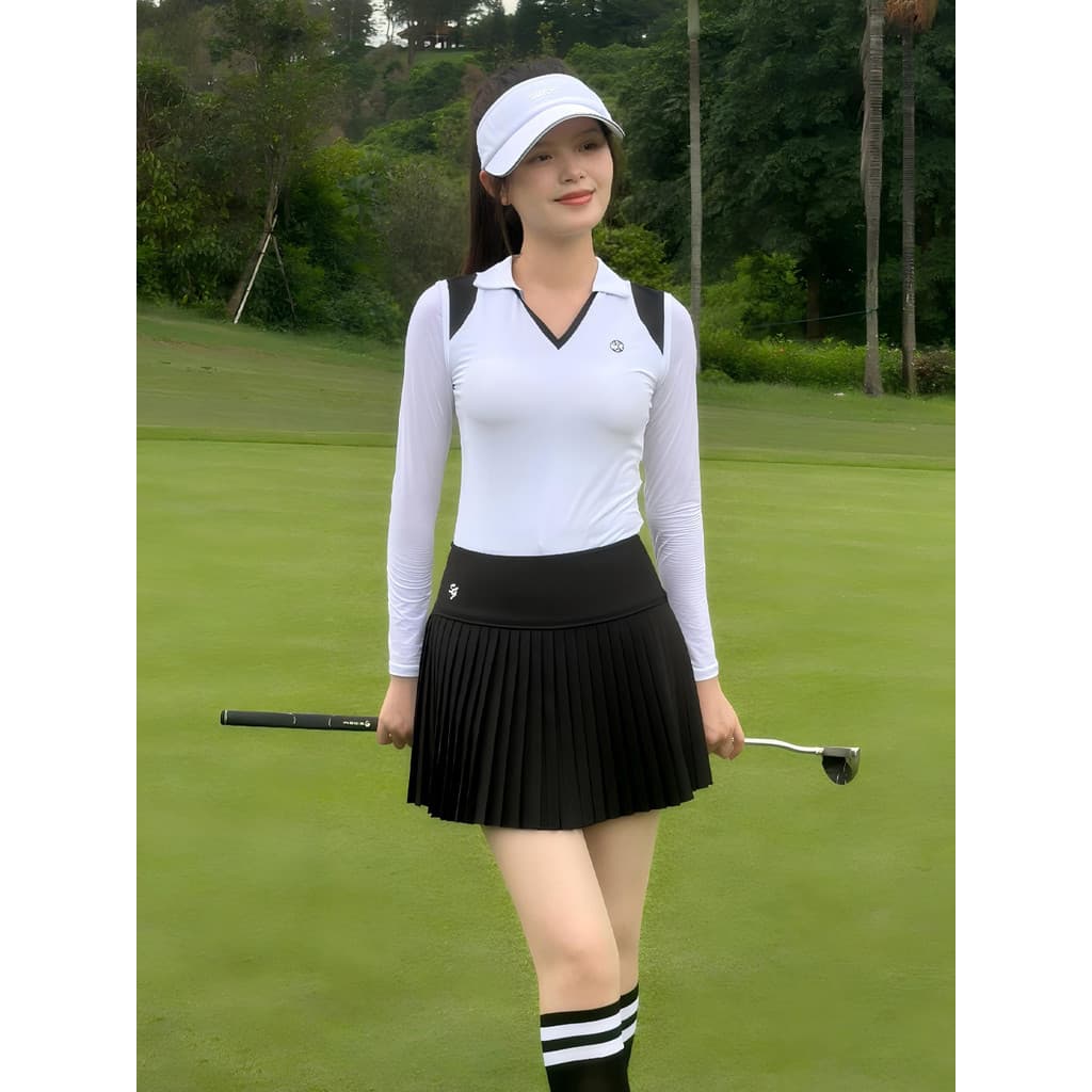 Golfe feminino verão novo estilo com decote em V seda gelo manga comprida protetor solar respirável esportes topo de sec