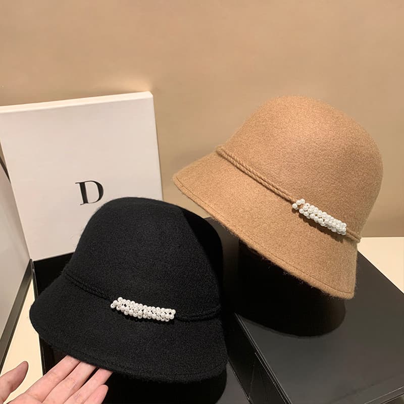 Chapéu balde francês pérola outono inverno quente rosto-olhando pequena bacia chapéu Hepburn estilo elegante All-match m