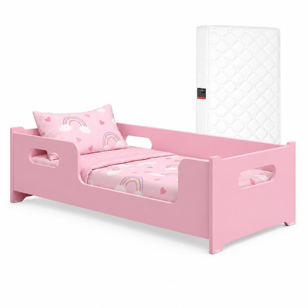 Caminha Infantil Encanto Rosa Com Colchão Incluso Montessoriana Compacta Grade Proteção Em MDF
