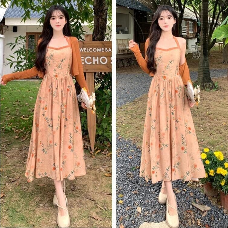 Plus Size feminino novo estilo chinês Floral estilingue vestido terno gordura mm Halterneck saia longa protetor solar ca