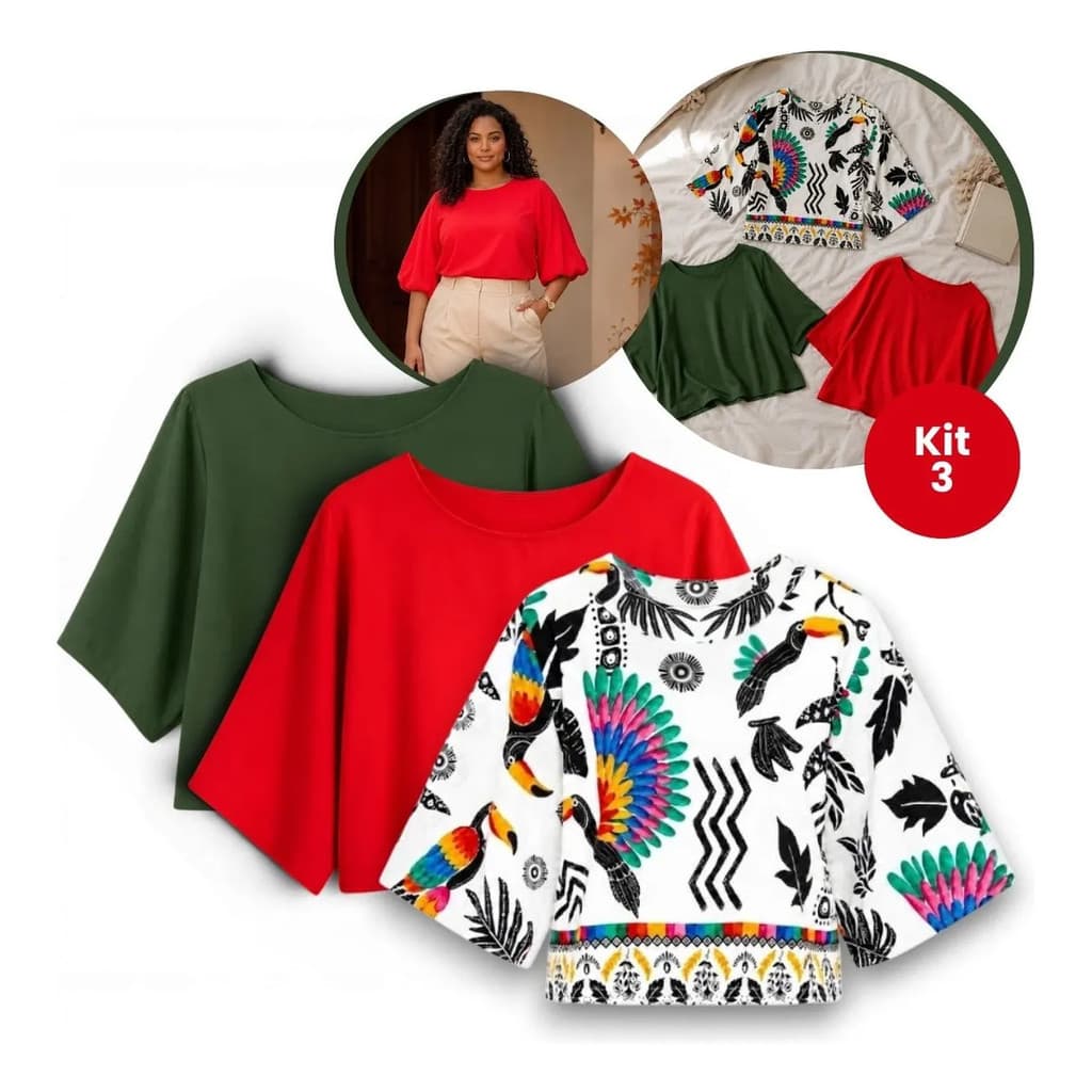 Kit 3 Blusas Femininas Estampada Lisa Plus Size Viscolinho