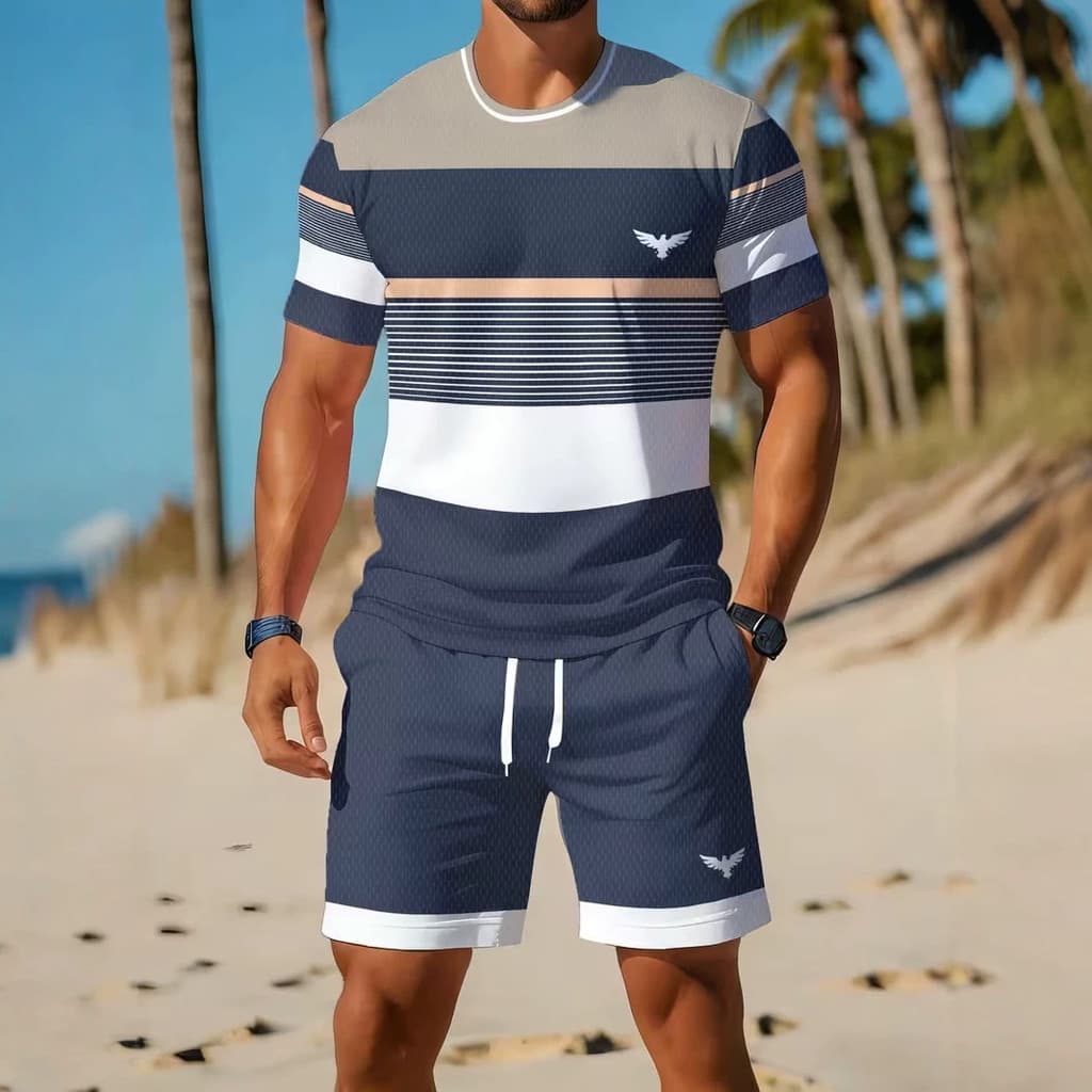 Conjunto esportivo casual masculino de camiseta de manga curta e shorts.