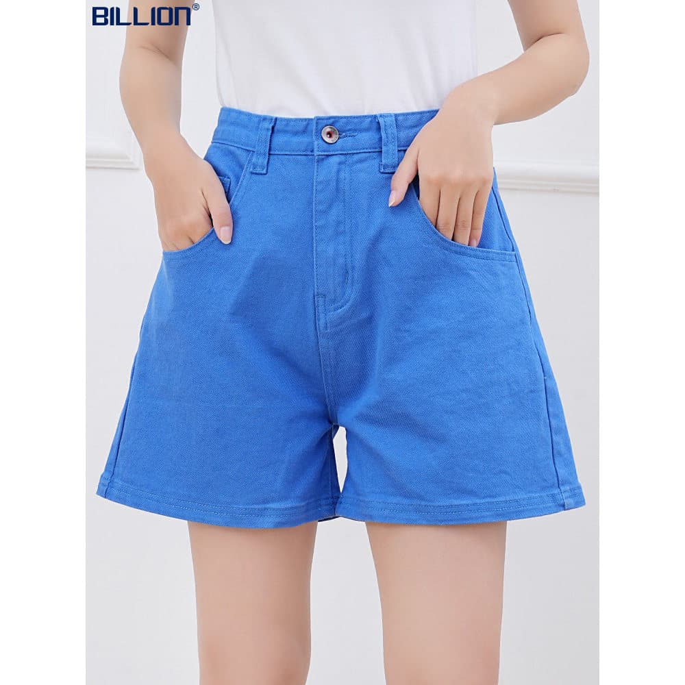 Bilhões de Shorts femininos cintura alta a linha perna larga solta All-Match exterior Wear azul algodão elástico confort
