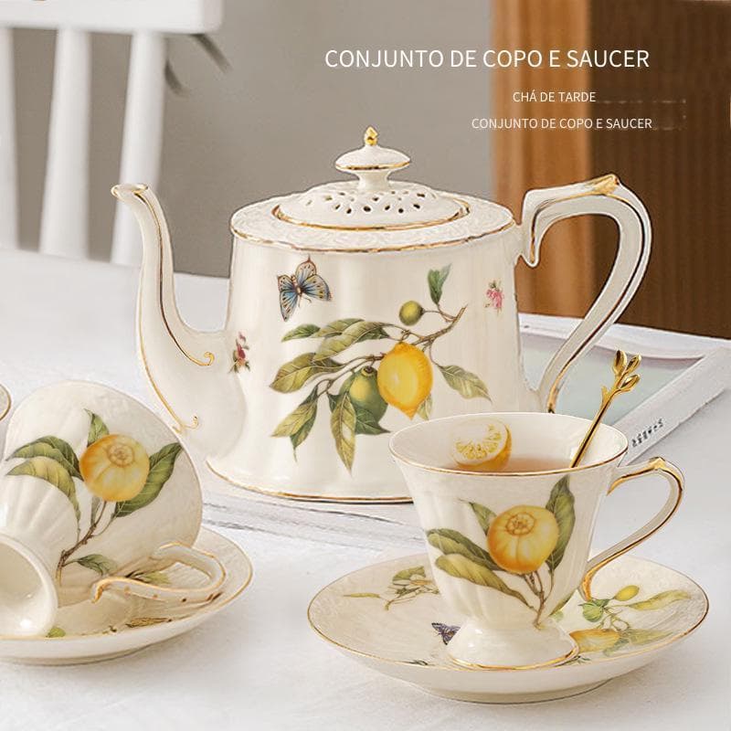 Xícara de café de cerâmica com padrão de limão, borda banhada a ouro, cafeteira de cerâmica, colher banhada a ouro, esti