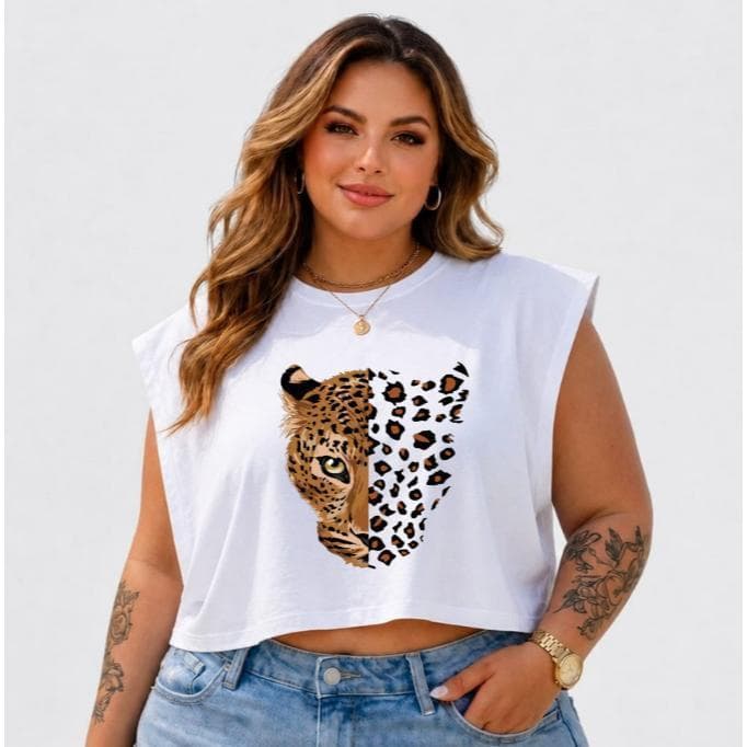 Cropped  Plus Size Regata Oversized Onça Básico Casual Verão 100% Algodão Tendência