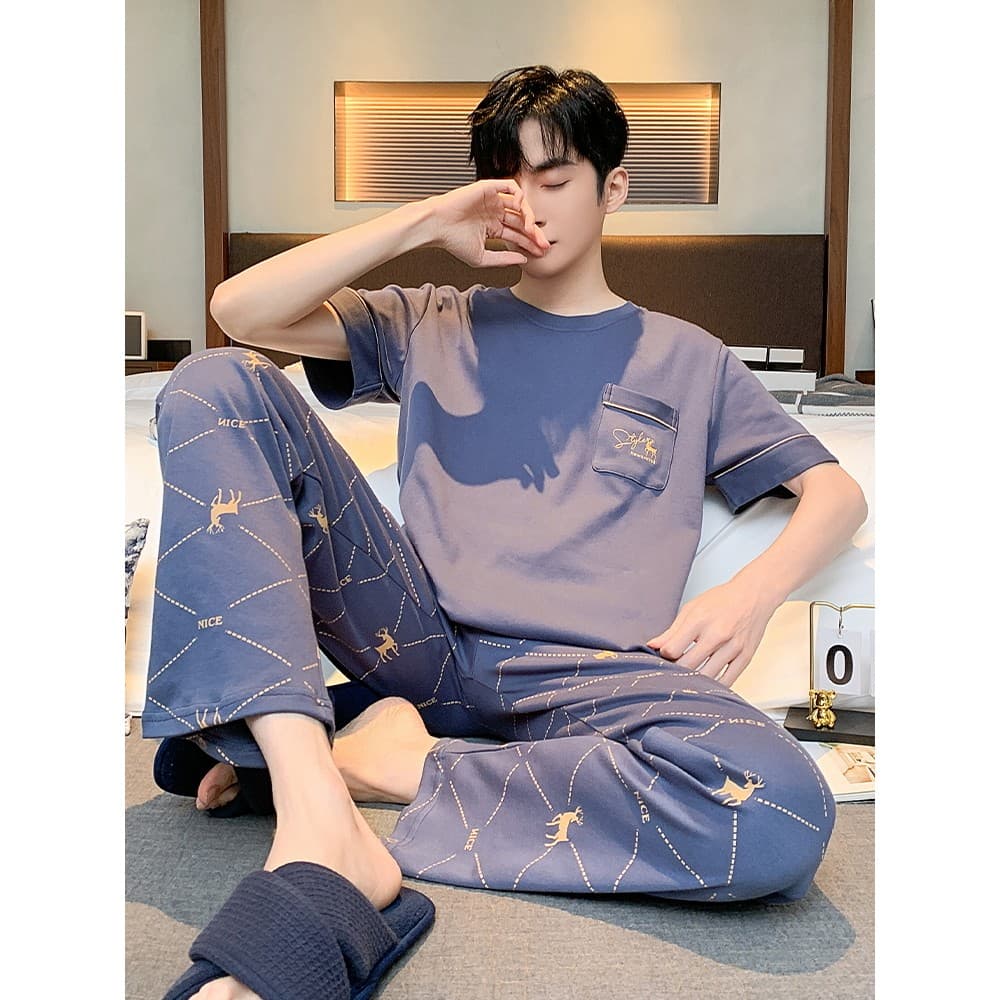 2024 novo estilo pijamas masculinos verão puro algodão pulôver calças de manga curta tamanho grande Homewear masculino p