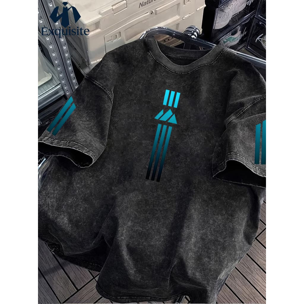 Camiseta masculina-estilo de rua alta angustiado artesanato de manga curta masculino azul preto gradiente geométrico imp