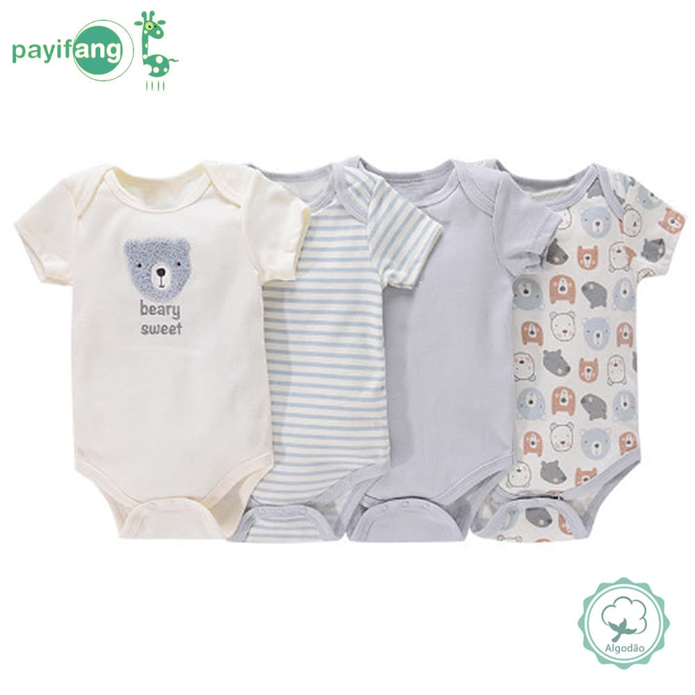 Kit 4 Bodies Bebê Menino 100% Algodão Manga Curta Ursinho Roupa Recém-Nascido 0 a 9 Meses