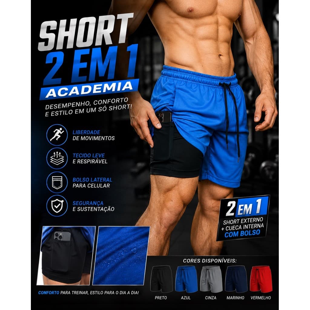 Short Academia 2 em 1 Short Masculino Esporte Bermuda Treino Masculina