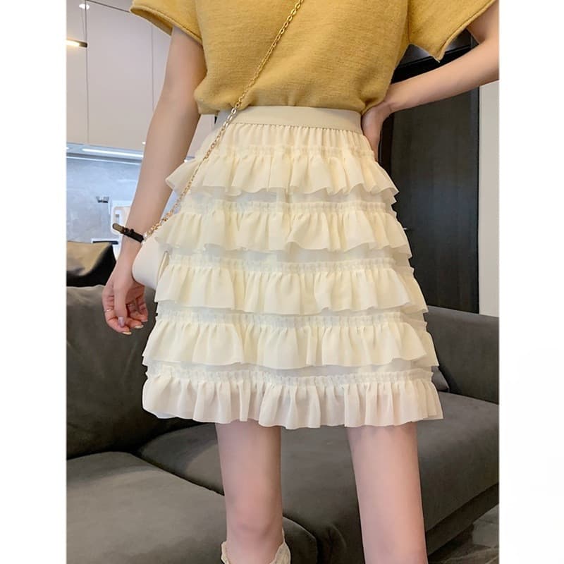 Saia de bolo Irregular feminina verão cintura alta a linha saia plissada pequena saia de Chiffon fofa Mini saia