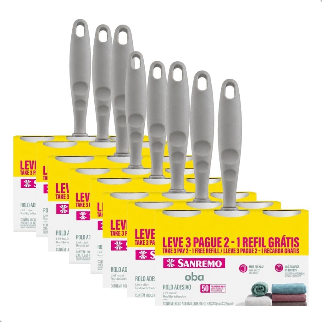 Kit 8 Rolo Adesivo Tira Pelos e Fiapos Limpa Roupas Sofa Cama 2 Refis Sanremo