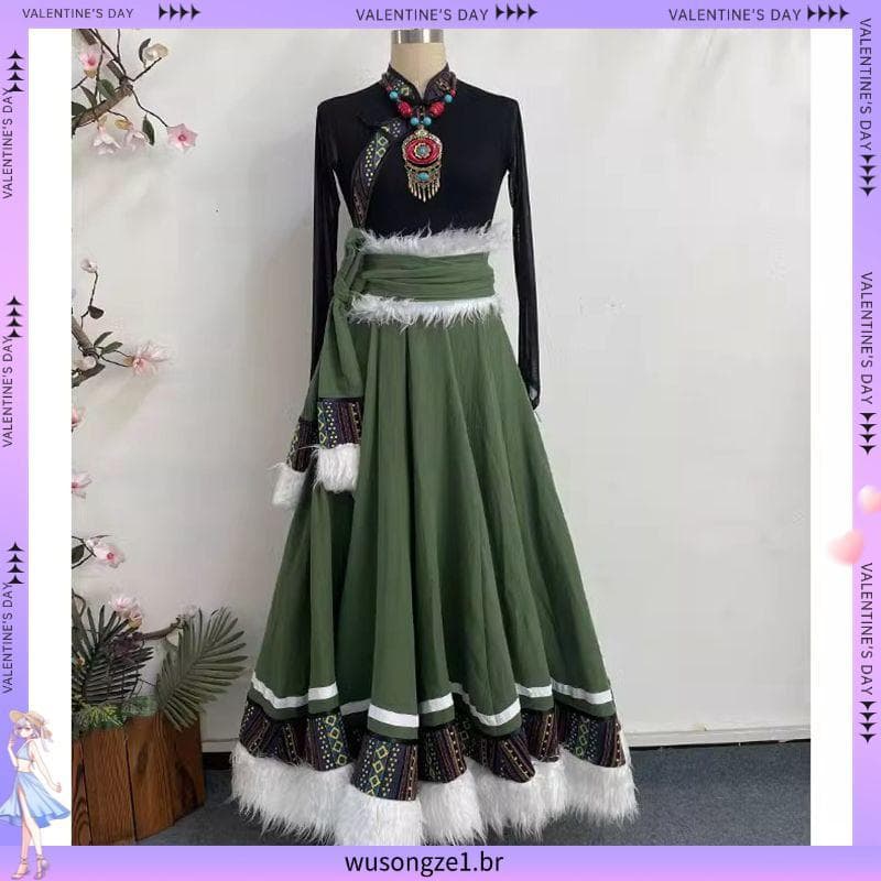 Novo estilo traje de dança tibetana divisão grande balanço saia traje tibetano minoria étnica prática traje arte exame P
