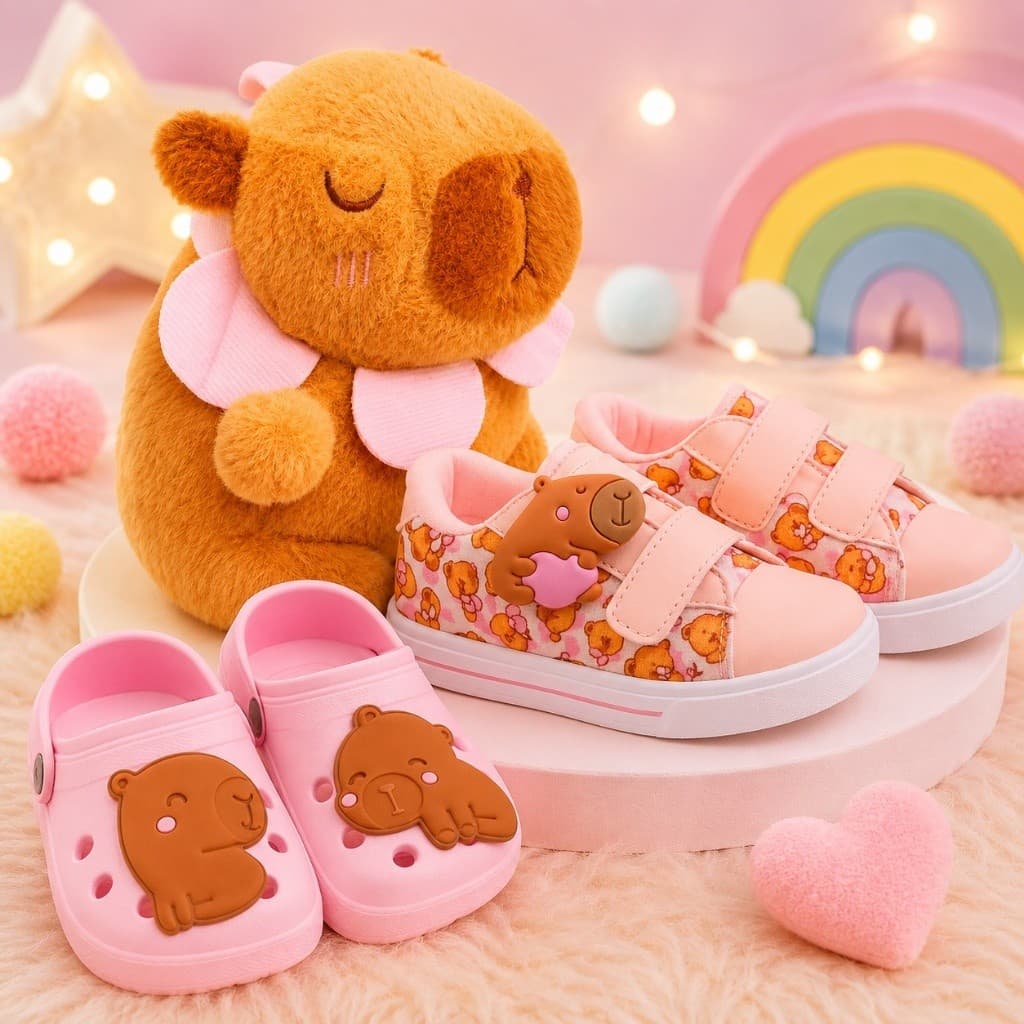 kit tênis infantil menina com babuche de criança e pelúcia da capivara