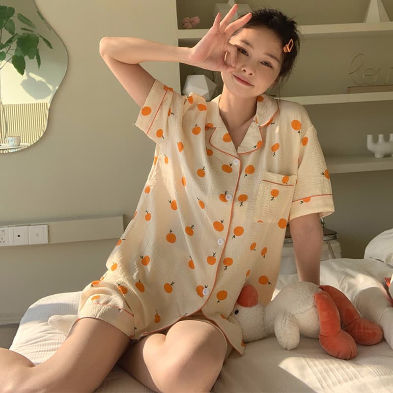 Pijama feminino de algodão bolha estilo japonês laranja fofo para o verão, com cardigã, roupa de casa doce e fofa.